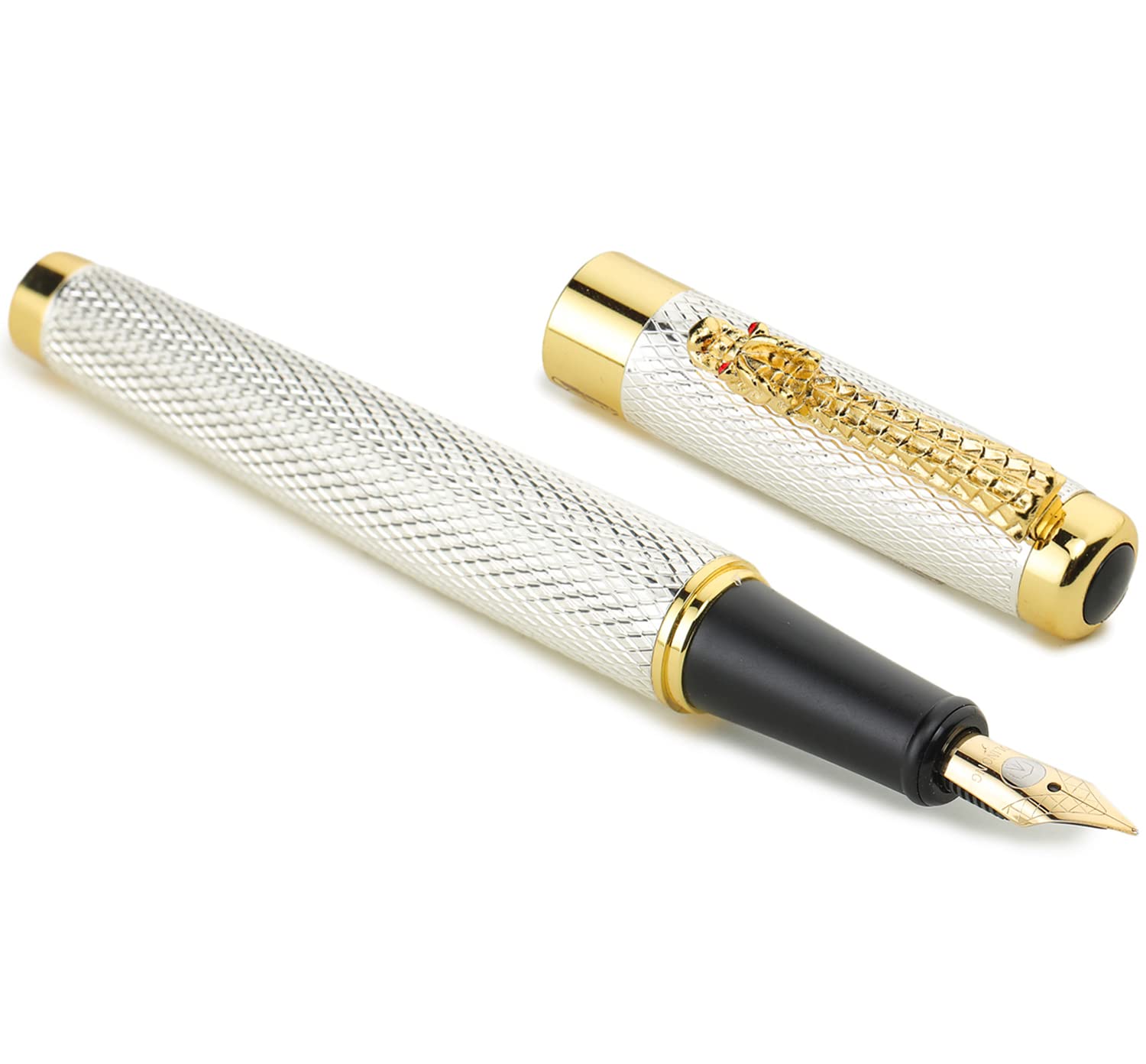 SCRIZ ® PREMIUM Gold/Silver Engraved Finish Body & Cap Fountain Ink Pen (Silver)