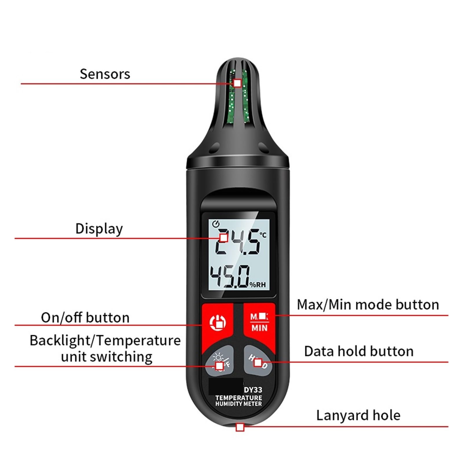 Termómetro higrómetro digital de mano DY33, sensor de temperatura interior de -10 ℃ a 60 ℃, medidor de humedad con higrotermógrafo retroiluminado.