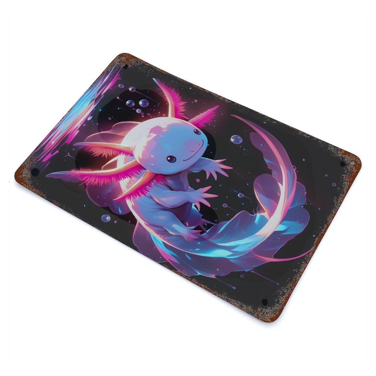 Cute Axolotl in Neon Lights - Gfp Axolotl 11.8"x7.9" Decorative Tin Sign, Retro Wall Decor for Garage, Bar And Workshop Decor