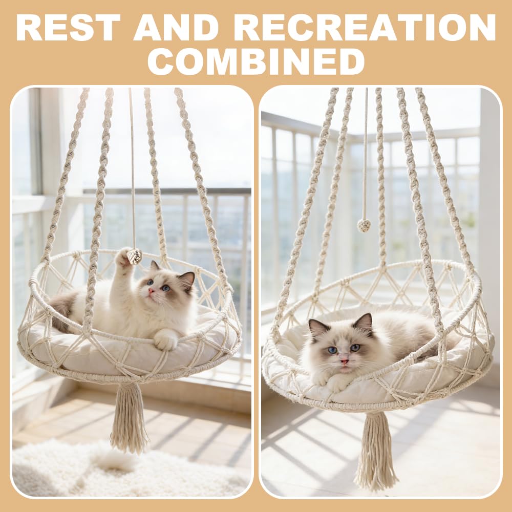 Katzenschaukel, HOVCEH Boho Makramee Katzen Hängematte mit Katzenspielzeug-Stick, 40cm Katzenhängematte Hängen Fenster für Garten, Terrasse, Balkon, Wohnzimmer