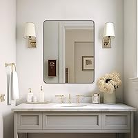 Vista 38 de ANDY STAR - Espejo de latón para baño, espejo rectangular redondeado de 22x30 pulgadas con marco de metal cepillado dorado, espejo de tocador