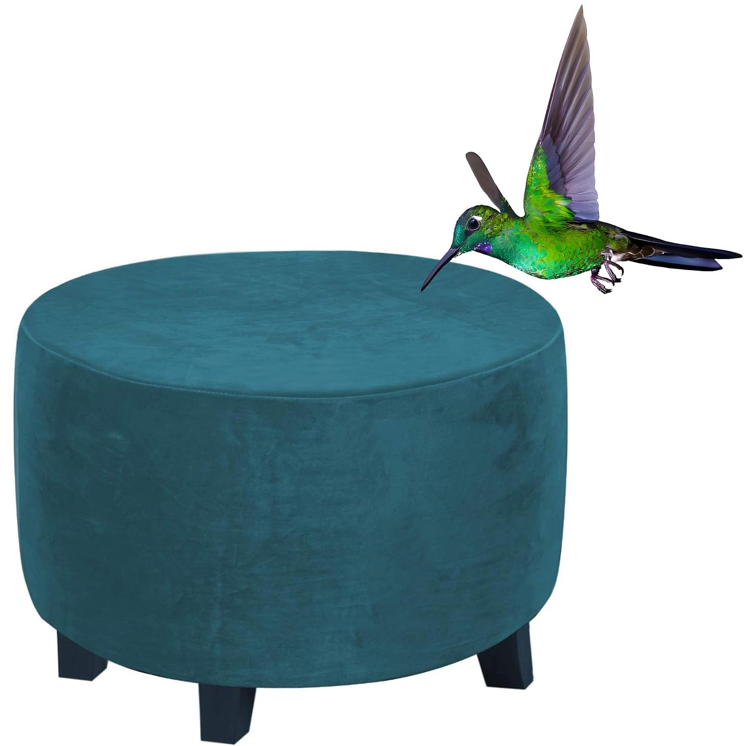 Xiao Ren Deep Teal Round Velvet Ottoman Slipcover, Stretch Luxury Velvet Footstool Slipcover, Stool Protector Covers With Elastic Bottom, Dustproof Removable Washable Footrest Pouffe Covers(,20"(50-54Cm))
