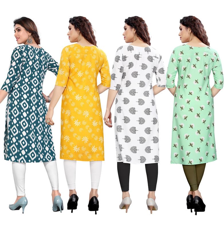 Image of JAKHANA Women's Crepe Printed Casual Straight Calf Length Round Nick Kurta Pack of 4
