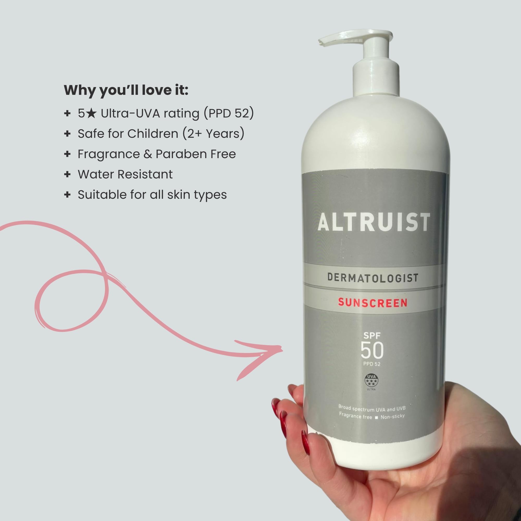 Altruist Dermatologist Sonnenschutz LSF 50, 5-Sterne Ultra UVA PPD 39, vegan, parfümfrei, wasserfest, für empfindliche Haut, 1-Liter-Flasche