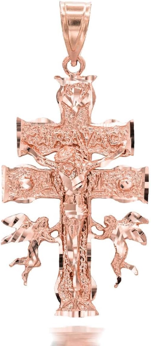 .925 Sterling Silver, 10K or 14K Yellow, White, or Rose Gold Caravaca Double Cross with Cherub Angels Crucifix Pendant 1.25mm - Choice of Metal