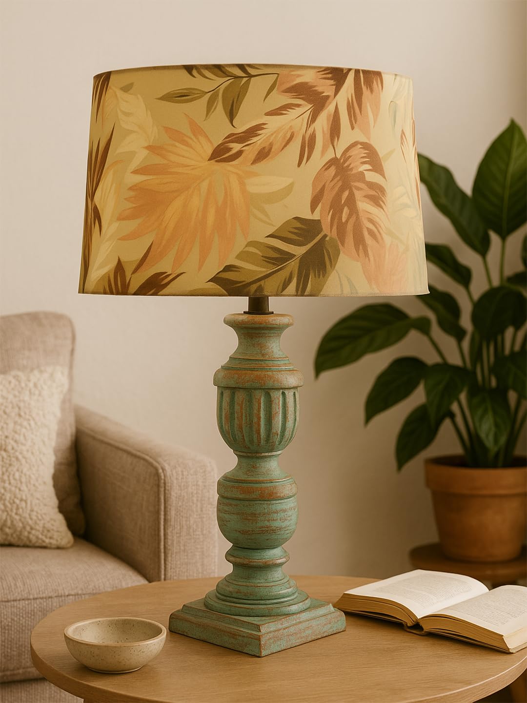 Decorcity Vintage Rustic Wooden Table Lamp for Living Room & Bedroom | Handcrafted Teal Distressed Base with Fabric Drum Shade | Bedside Nightstand Lamp for Home Décor (Palm Leaf)