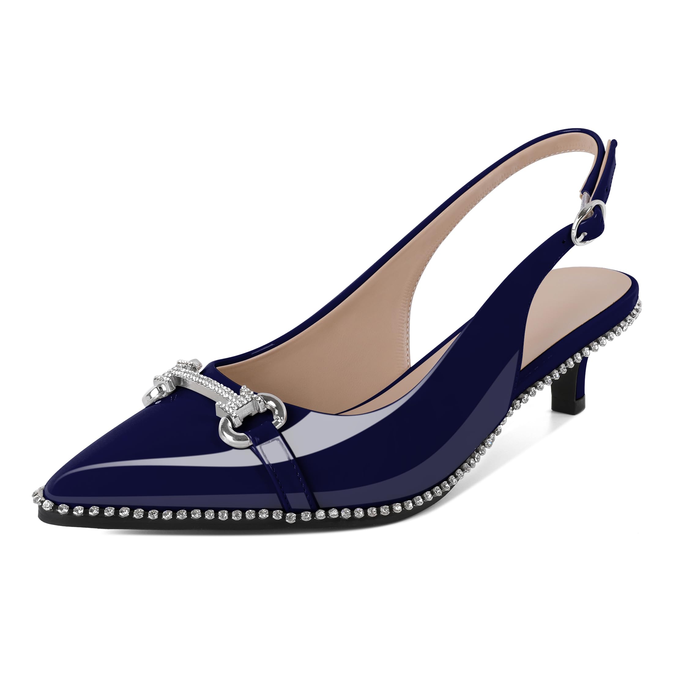 Soireelady Womens Slingback Kitten Heels Low Heel Rhinestones Beaded Pumps Closed Pointed Toe Slip On Party Fashion Dress Shoes 1.5 Inches