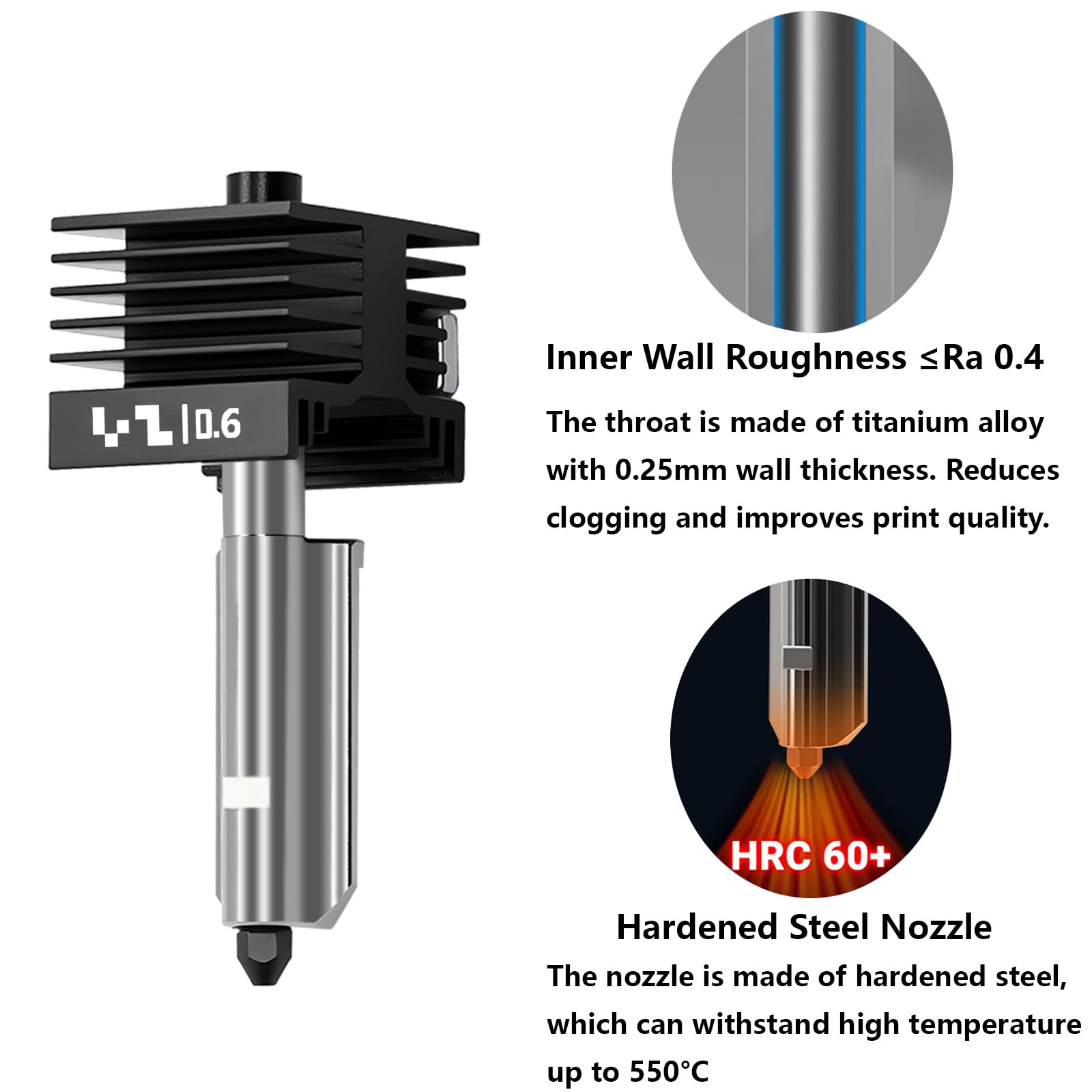Zestaw ulepszający 0,6mm P2S/H2S Hotend, zestaw grzejnika głowicy drukarki 3D z 0,6mm wymienną nasadką ze stali hartowanej dla Bambu Lab H2D, H2C, A1/A1 Mini