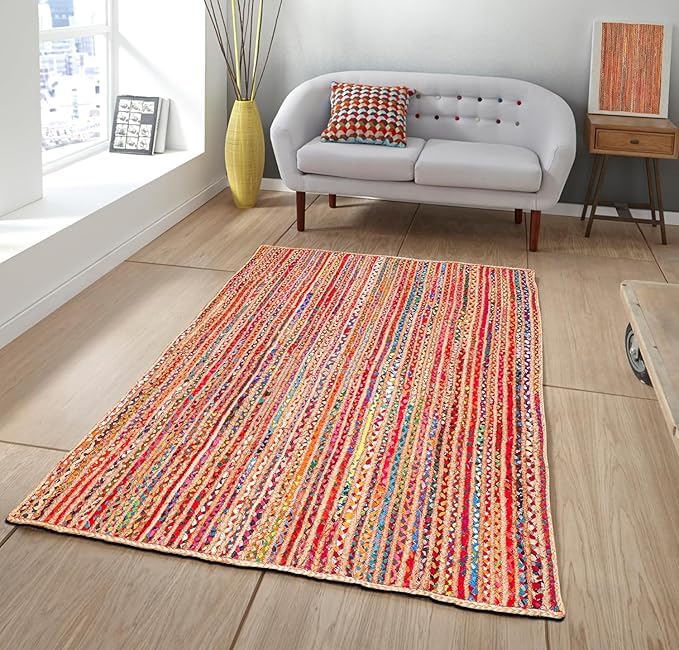 Tapis carré en coton et jute naturelle tressée à la main – Réversible et durable – Tapis bohème style rustique pour salon, salle à manger et chambre à coucher – 0,9 m
