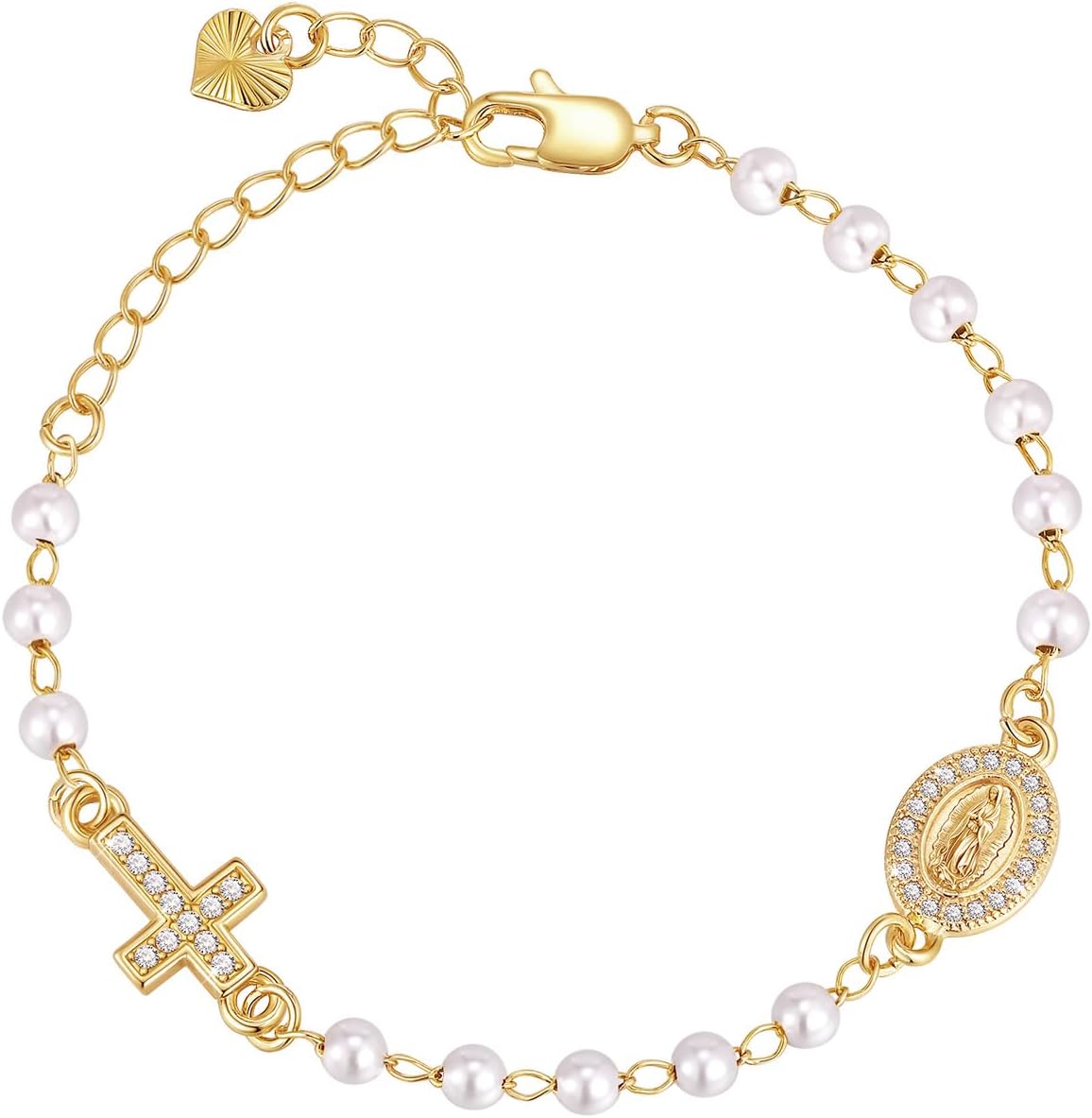 Gold Rosary Bead Cross Bracelet - 14k Gold Plated Virgin Mary Bracelets,Non Tarnish Golden Religious Rosarios Catolicos Virgen de Guadalupe Jewelry,Catholic Confirmation Baptism Gifts for Women