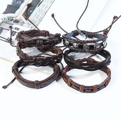 Kanduo 6 Pcs Braided Leather Bracelets For Men Women Woven Cuff Wrap Bracelet Ethnic Tribal Bracelets Adjustable Brown #TOP2