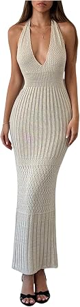GORGLITTER Womens Halter Backless Knit Dress Crochet Maxi Dresses | Open Back Dress, Knitted Long Bodycon Dresses, Deep V Neck, Resort Wear, Going Out Vacation Outfits