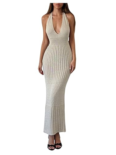 SOLY HUX Women's Crochet Knit Halter Dress Deep V Neck