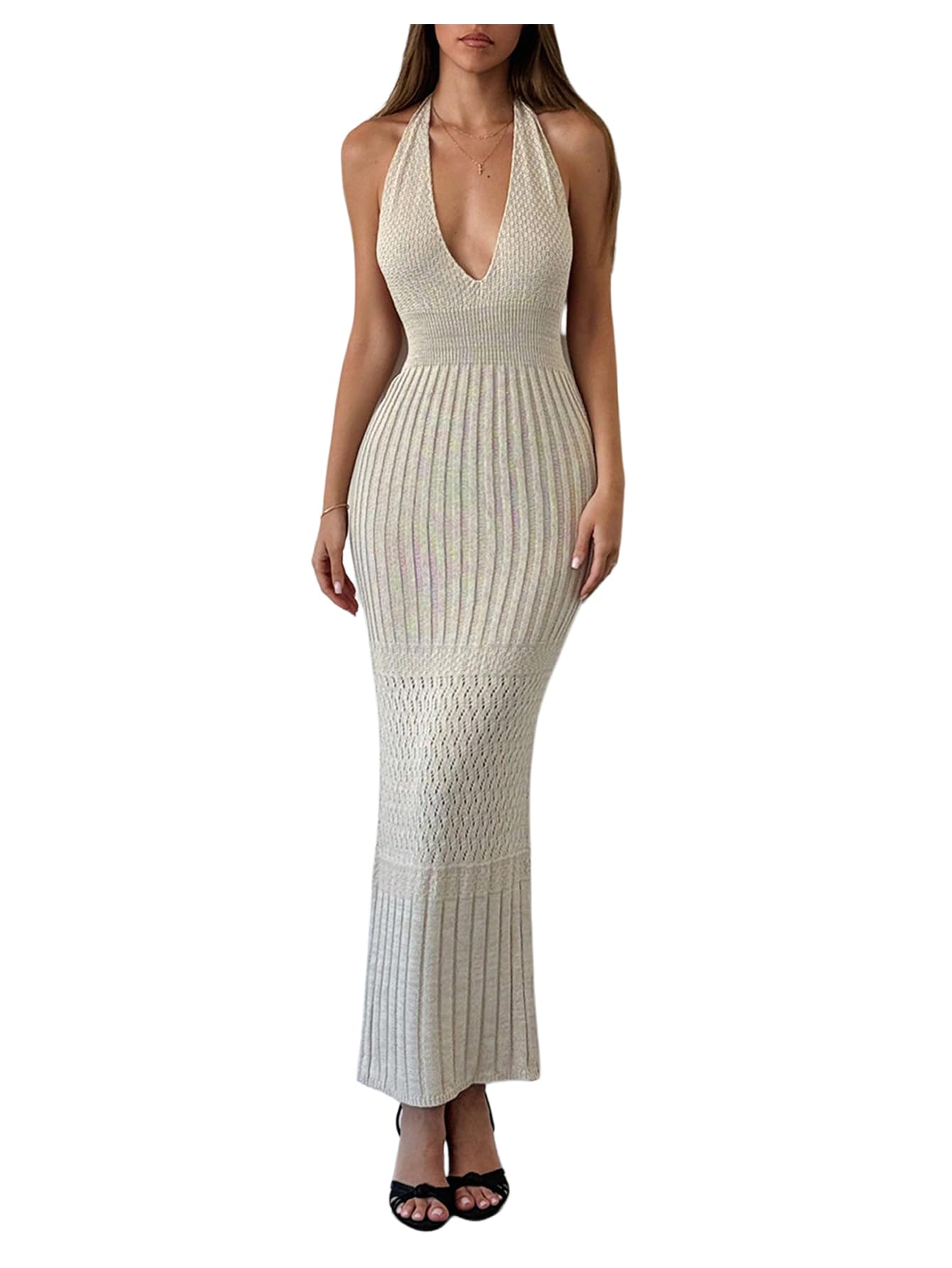 SOLY HUX Women's Satin Cami Dress - Floral Applique Halter Backless Long Summer Dress