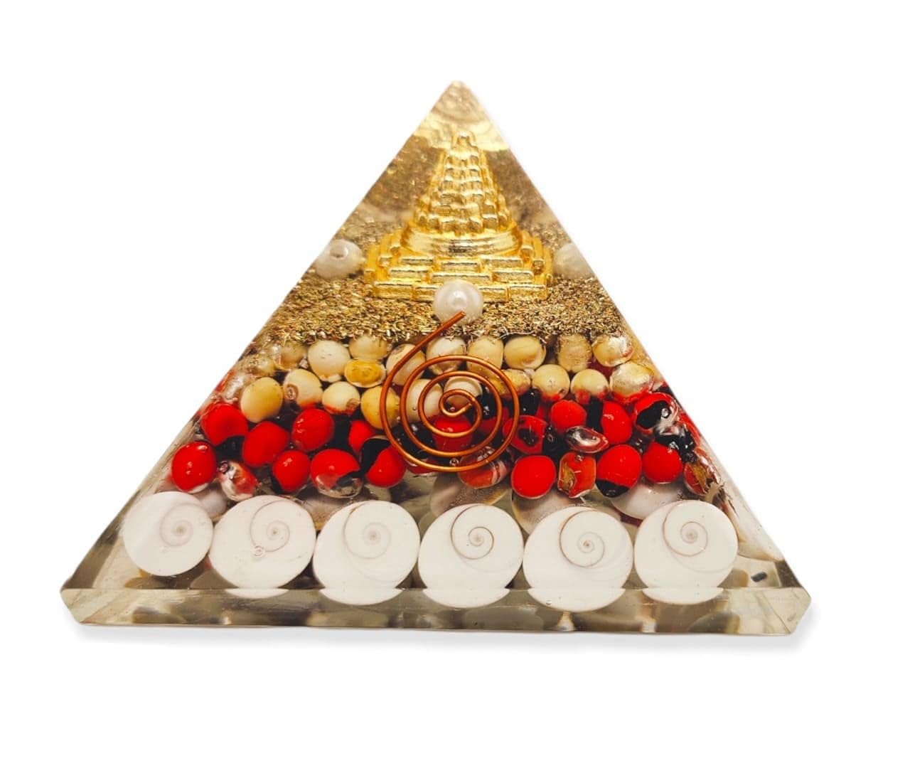Natural Orgone Gomti Chakra Shree Yantra Pyramid With With Red & White Chirmi Seeds For Wealth, Prosperity, Success (Shri Yantra Gomti Chakra Pyramid)