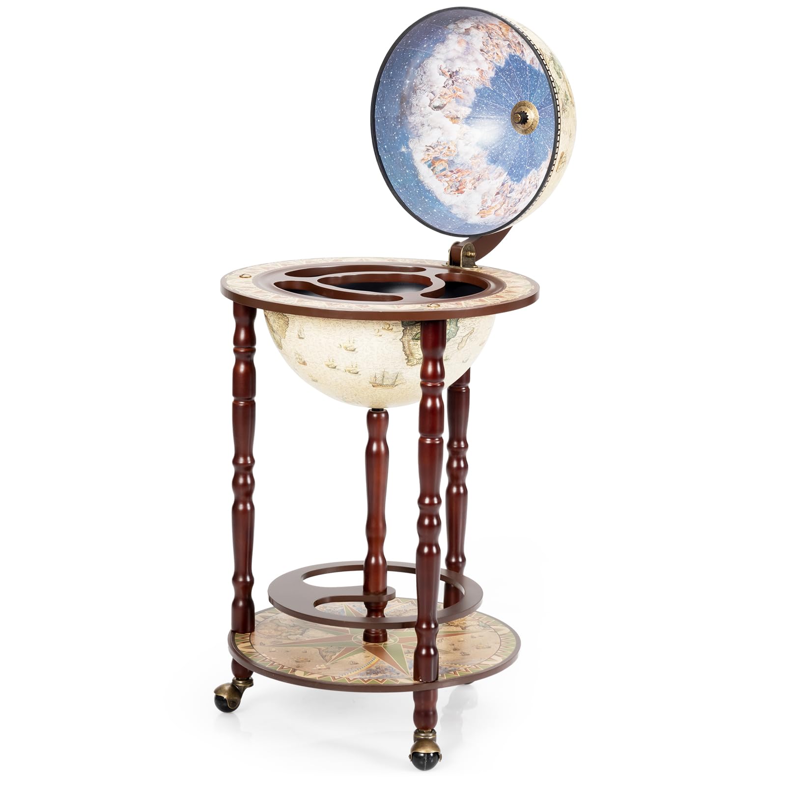 KOMFOTTEU Botellero Bar Globo Terráqueo con Ruedas, Soporte para Botellas de 2 Niveles, Carrito de Bar de Madera, Mueble Minibar para Bebidas, para Restaurante, Fiesta (Beige, 45 x 45 x 88 cm)