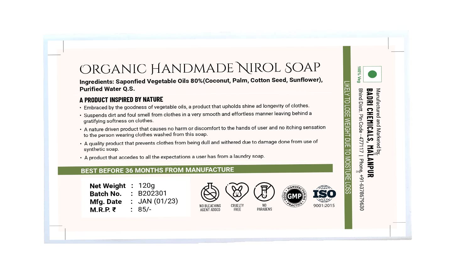 Wellspring (Pack of 3) Nirol Natural Washing Laundry Soap Bar| Veg Organic & Chemical Free| Baby Safe| For Sensitive Skin | Unscented Fragrance (360 gm) 2