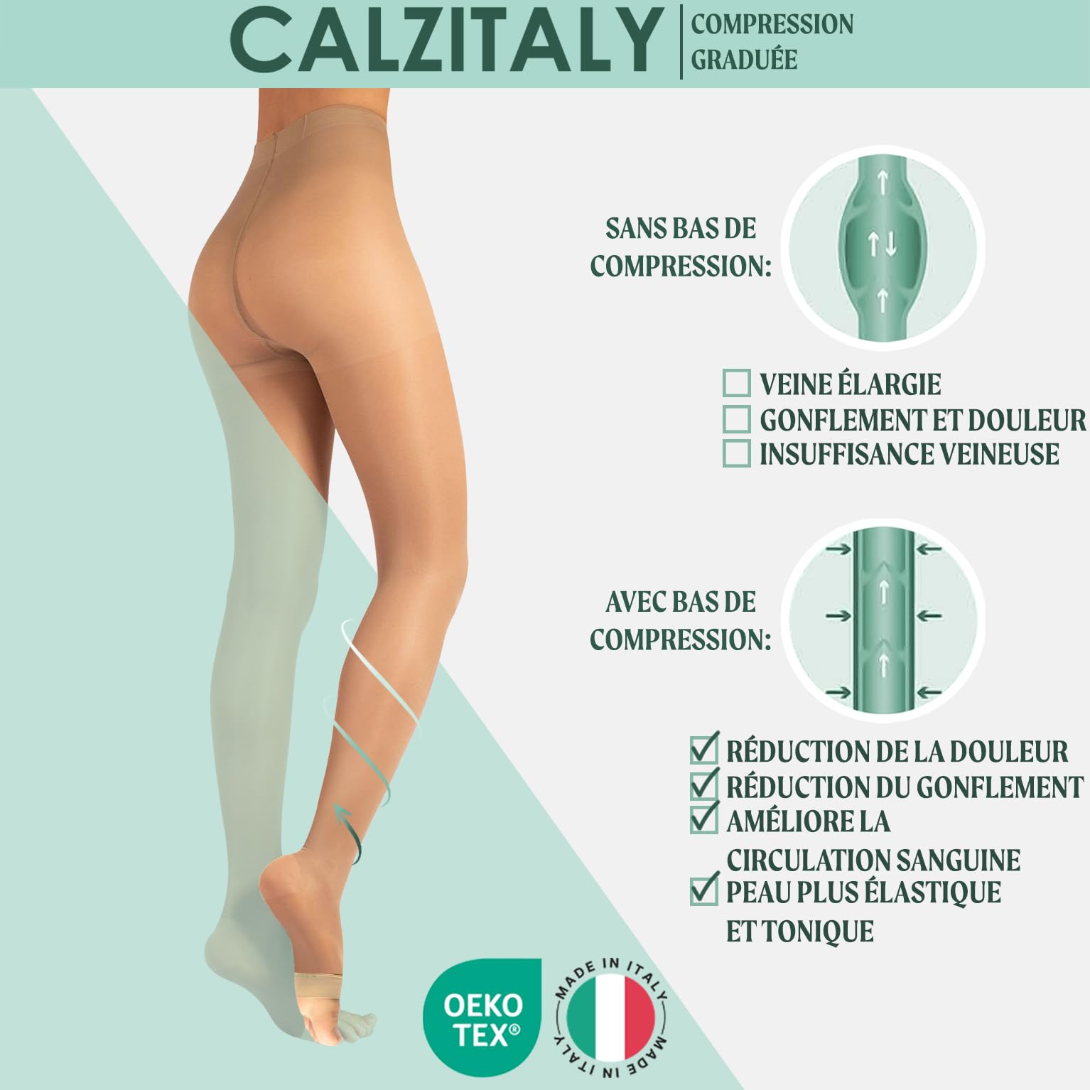 CALZITALY Collants de Soutien Médicaux Pointe Ouverte à Compression Graduée Forte 15-21 mm/Hg, 140 DEN, Made in Italy