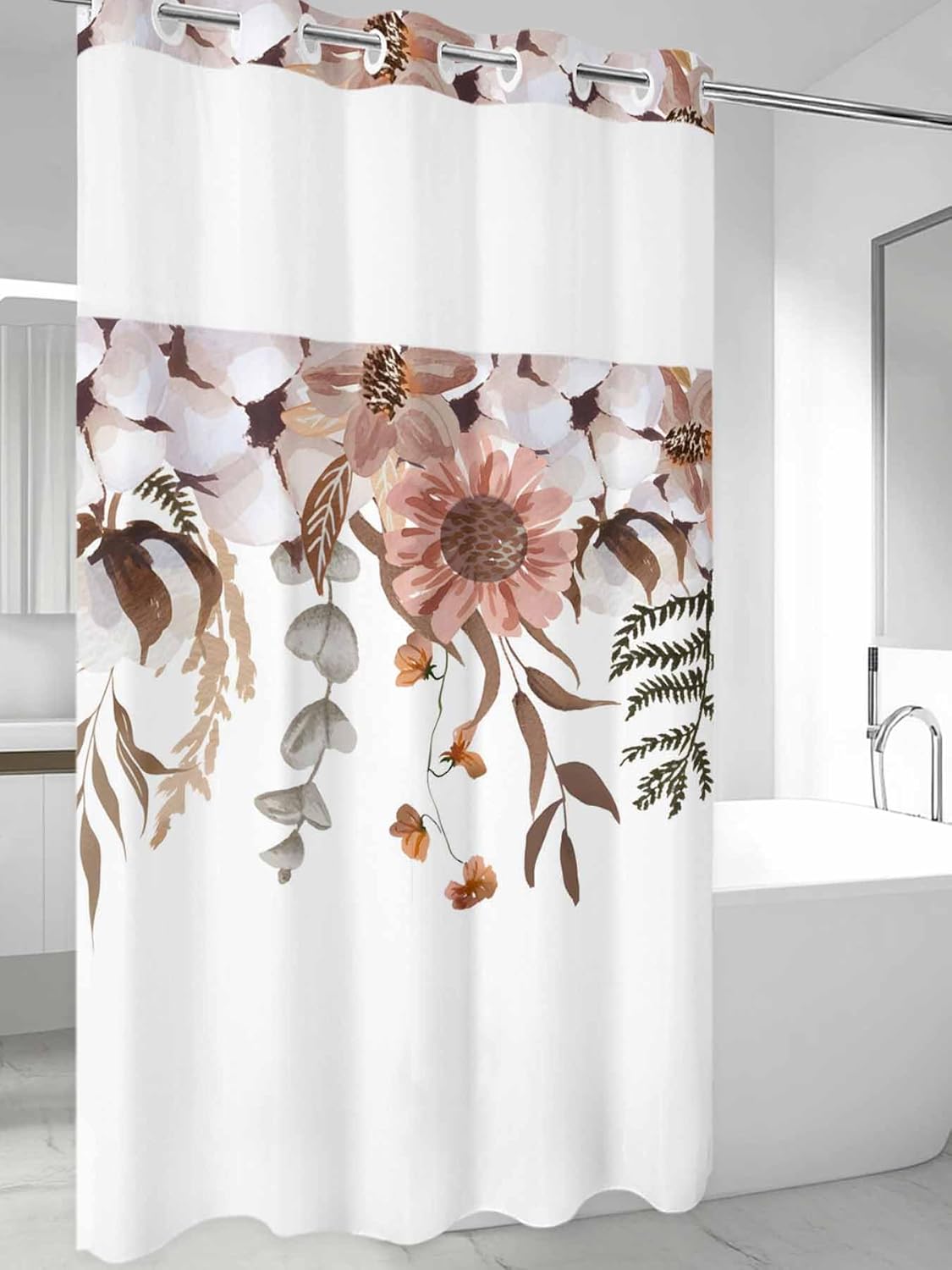 No Hook Shower Curtains with Snap in Liner, Eucalyptus Floral Waterproof Fabric Shower Curtain, Rustic Vintage Botanical Leaves Plant Brown Double Layers See-Through Top Window Bathroom Curtains 36x72