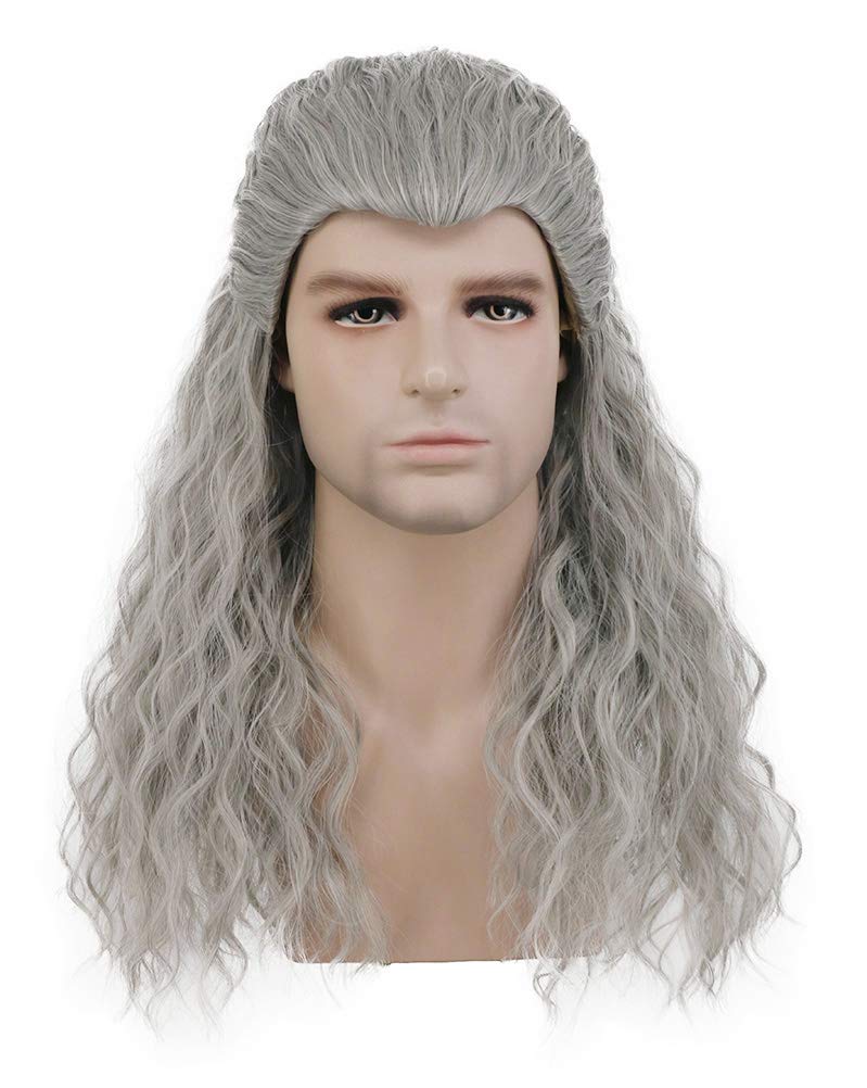 karlery Adult Men Long Curly Wave Silver Gray Wig Halloween Cosplay Anime Costume Party Wig