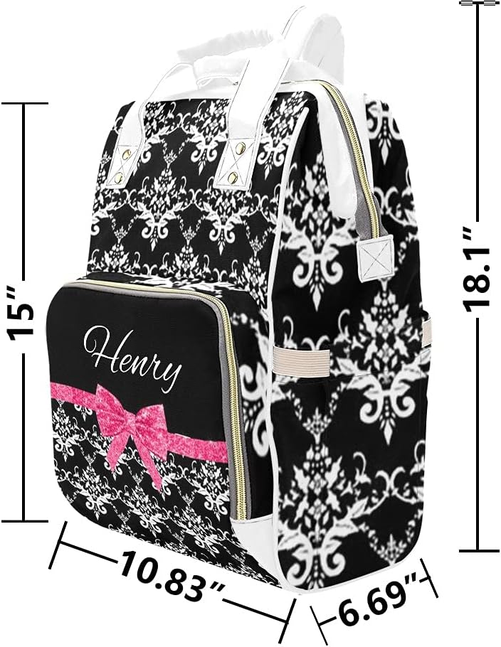 Black White Damask Pink Glitter Bow Diaper Bag Backpack with Name for Men Women Custom Personalized Nursing Baby Bags Shoulders Travel Bag Daypack