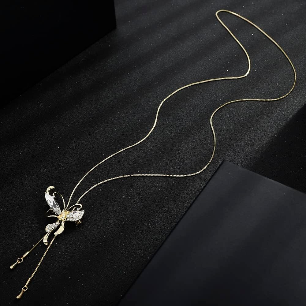 Wiwpar Crystal Rhinestone Butterfly Pendant Necklace Long Sweater Necklace Fashion Accessory for Women Party Prom Christmas Gifts (Gold) - Image 6