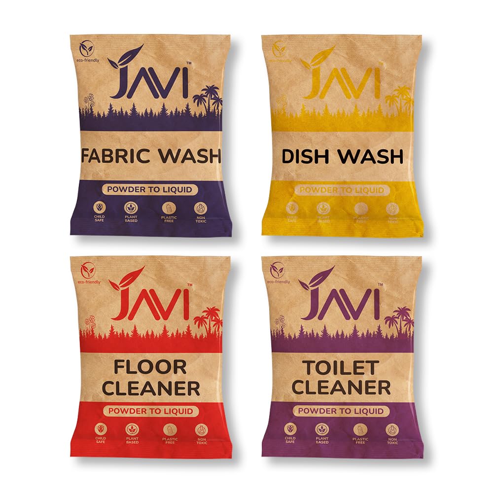 JAVI Plant-Based Powder-to-Liquid Cleaners | Natural, Organic, Biodegradable, Eco-Friendly | 4 in 1 Combo (Makes 200gr-Floor, Toilet, Dish, Fabric cleaner) | Multipurpose Cleaner