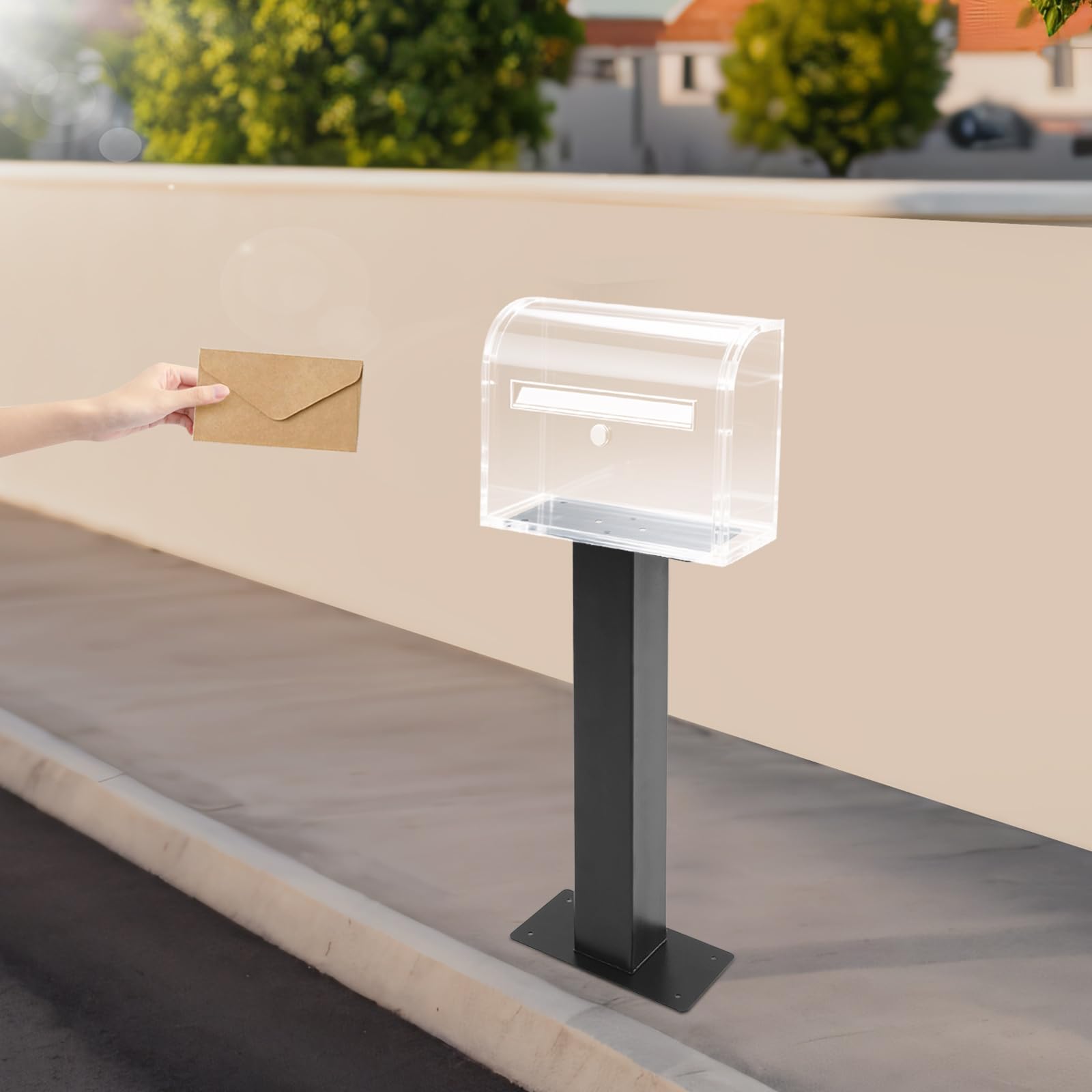 Supporto per cassetta delle lettere, montaggio a pavimento, nero, in acciaio al carbonio, portata 50 kg, resistente alle intemperie, adatto per cassette delle lettere standard DHL, con materiale di