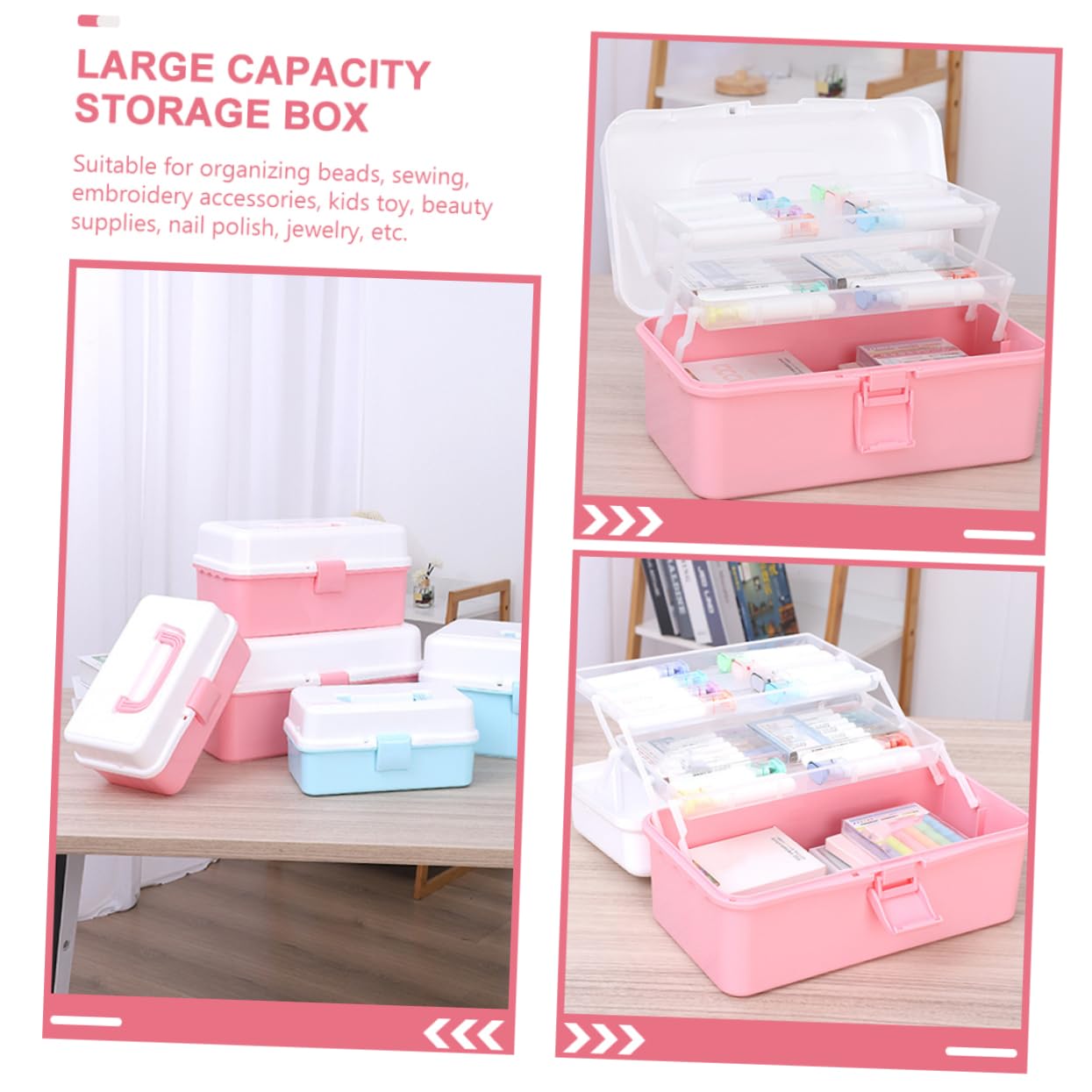 MAGICLULU Mehrschichtige Aufbewahrungsbox für Schreibwaren, Rosa, Pp | Dreistufige Trennstruktur, für Beauty Zubehör und Stickzubehör, Tragbare Ausführung für Camping und Umzug