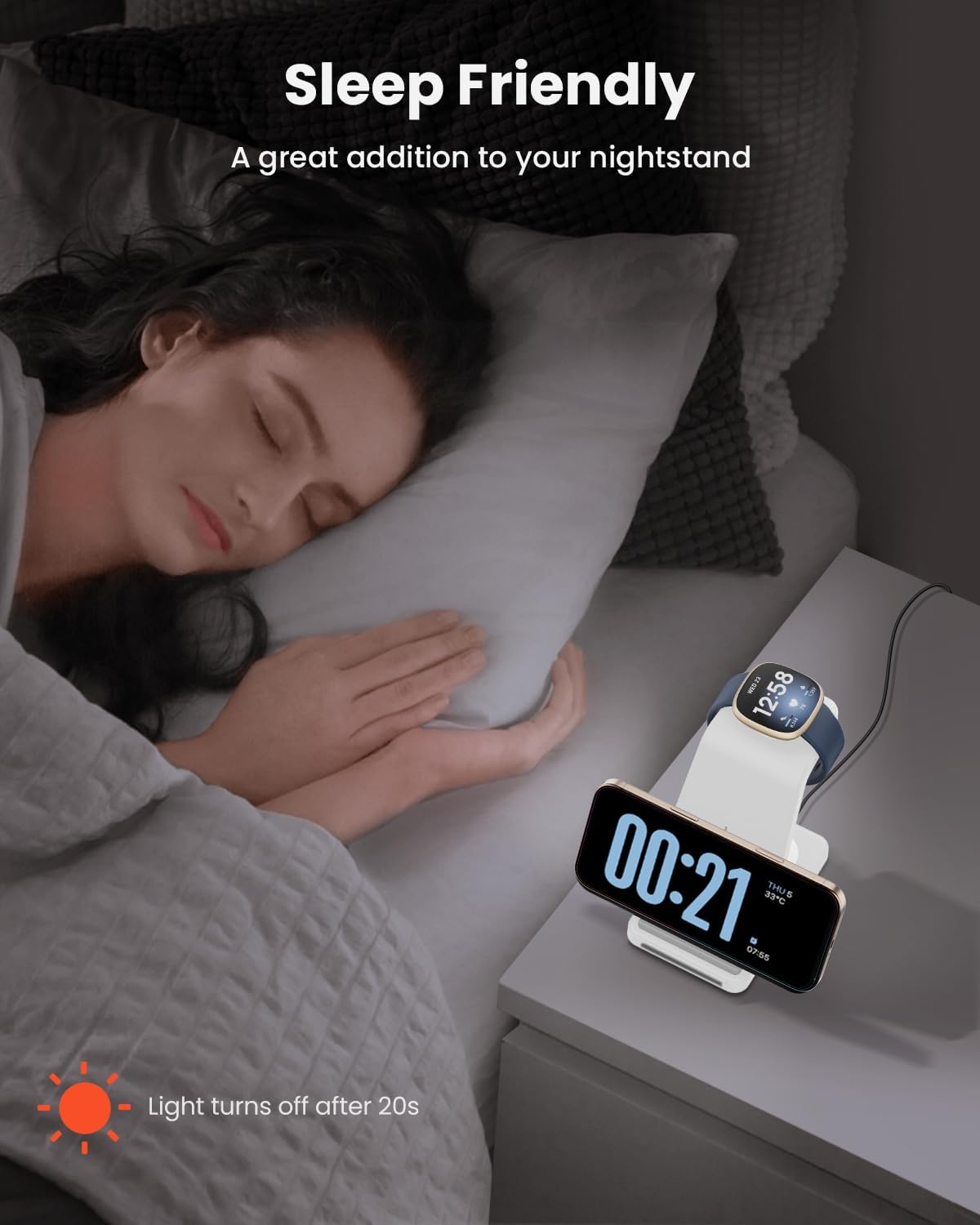 Wireless Charger for Fitbit Charging Station - GEEKERA 3 in 1 Phone Charger Stand for Fitbit Watch Sense 2/Sense/Versa 4/3, iPhone, Samsung, Google Pixel Phones, Androids, Airpods 4/3/2