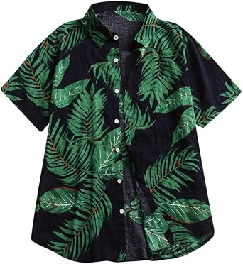 Mens Summer Hawaiian Shirt Short Sleeve Button Down Tropical Shirts Boho Relaxed-Fit Casual Beach Tops