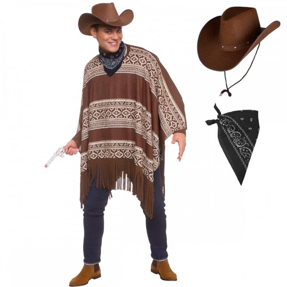 Titch & Timbo Western Cowboy Poncho + Dark Brown Texan Hat with Black Bandana Accessory Option : Mens Adult Wild West Drifter Gunman Fancy Dress Costume Set (Poncho, Hat + Bandana)