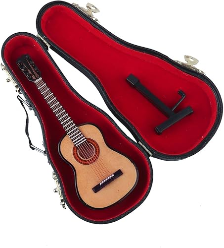 Vista 25 de Guitarra miniatura de madera con soporte y estuche, mini instrumento musical, réplica de guitarra, figuras coleccionables, accesorios de casa