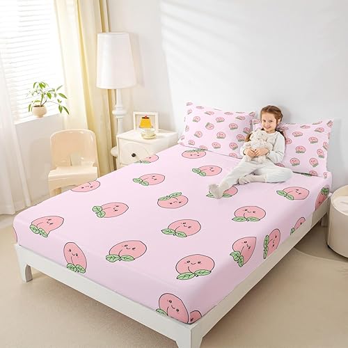 Miniatura 4 de Erosebridal Sábana bajera ajustable de dibujos animados tamaño individual rosa melocotón sábana infantil Kawaii juegos de ropa de cama niña