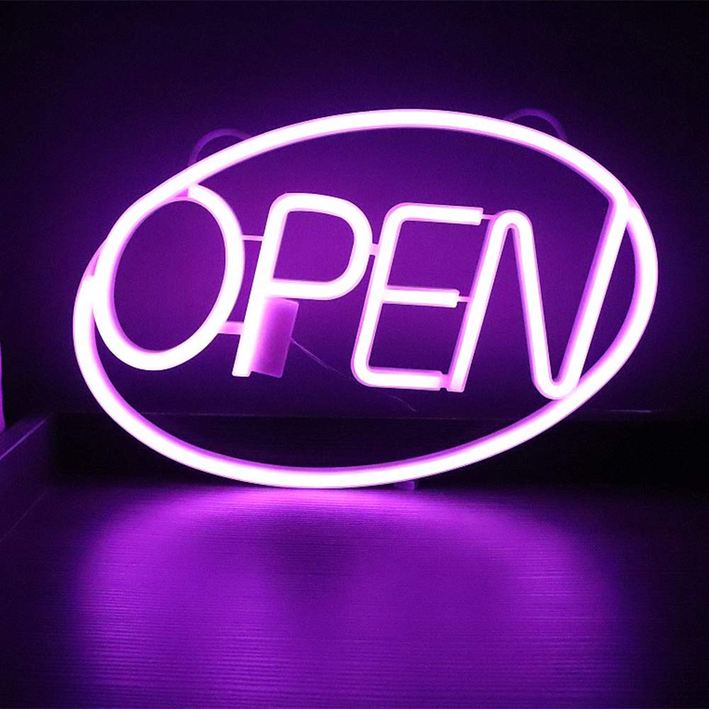 AMEVRGTHS Open Neon LED Sign Light for Business Window, 8 LED Lighting Modes, 16"x 10", Battery/USB Powered with Remote Control Adjustable Brightness for Door Sign Birthday Party Christmas (Purple)