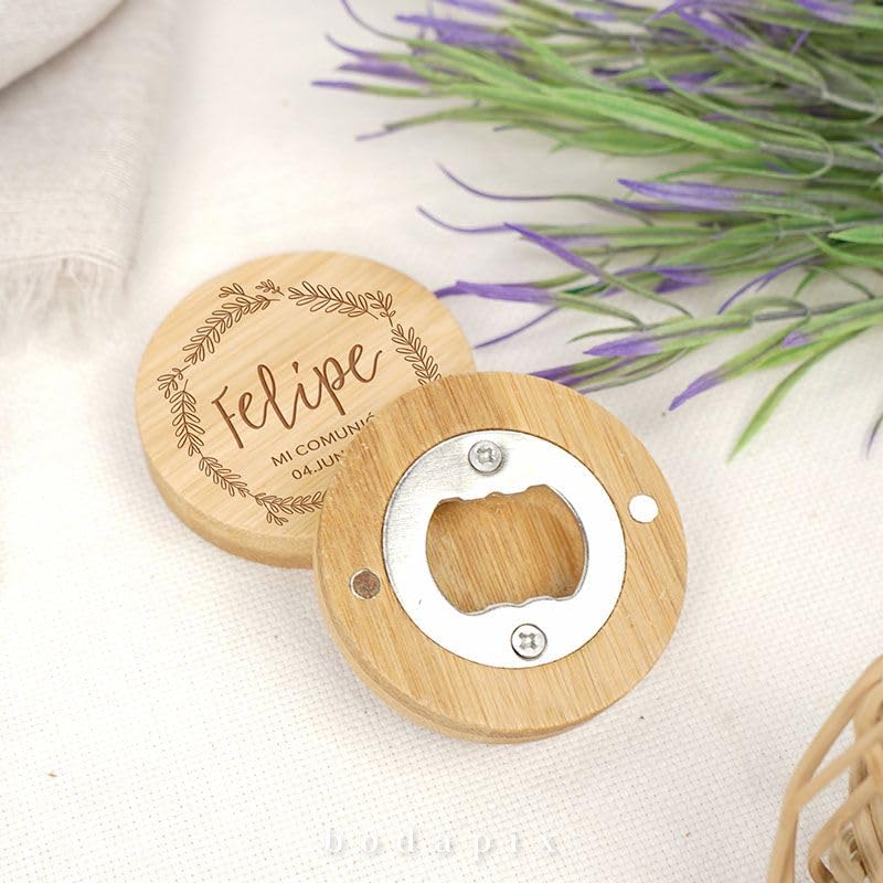 Pack 25 Abridores de Bambú Magnéticos con Mensaje | Abrebotellas para Regalo de Comunión, Bautizo, Boda | Detalle personalizado para Invitados | Bodapix
