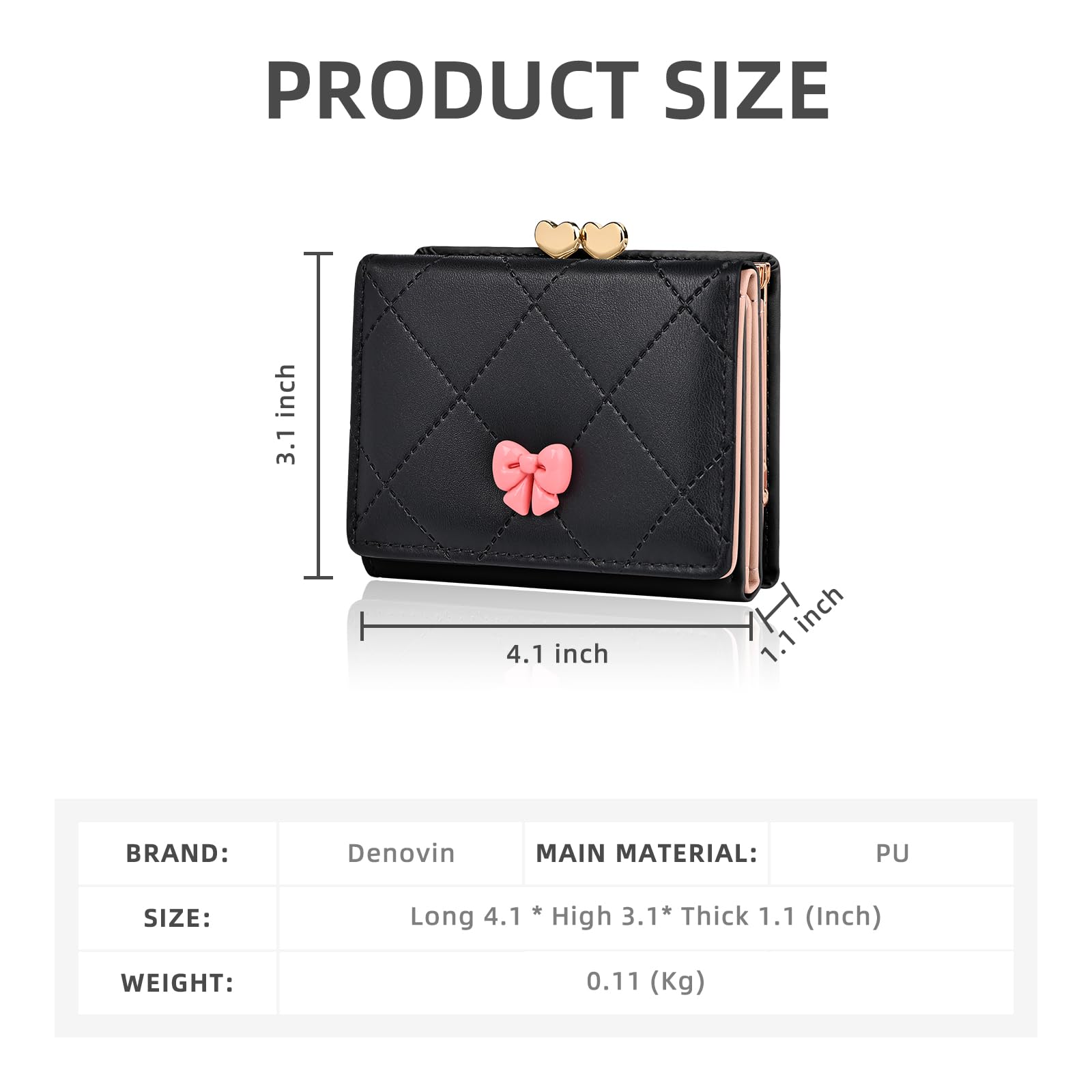 Denovin Wallet Women, Cute Small Black Coquette Bow Trifold Wallets Woman, Heart Shape Kiss-lock Business Credit Card Coin Holder Purse Pocket for Cash Key Change (Black)