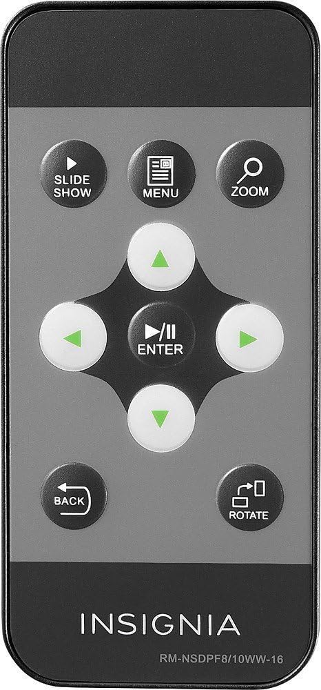 Insignia Digital Photo Frame Remote Control with buttons for Slideshow, Menu, Zoom, Navigation, Enter, Back, and Rotate.