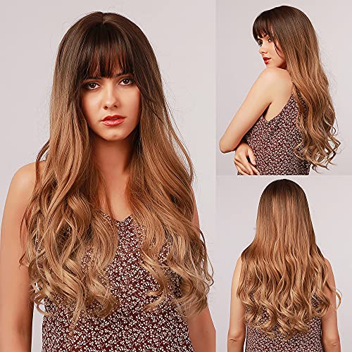 TAOCI Blonde Wig with Bangs for Black Woman Long Wavy Wigs Ombre Golden blonde wigs Long Natural Curly Heat Resistant Hair synthetic wigs for Cosplay Party Daily