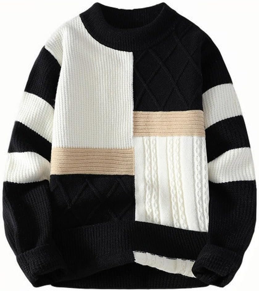 Men's Color Block Sweaters - Stylish Patchwork Crewneck Cable Knit Pullovers Loose Long Sleeve Sweater Tops