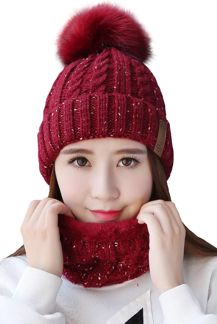 IYEBRAO Womens Winter Knit Beanie Hat and Scarf Set Girls Cute Slouchy Thick Fleece Lined Ski Hat Warm Skull Cap with Pom - Image 8