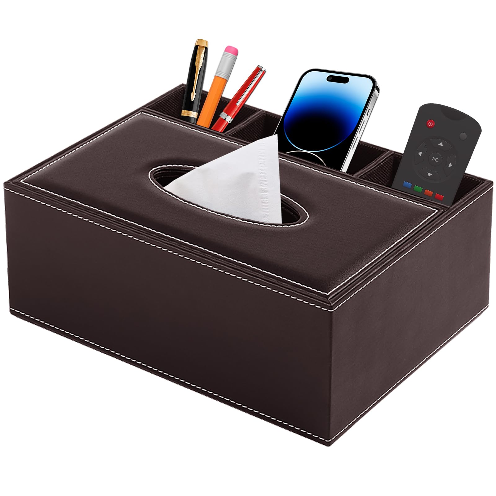 XNONE PU Leather Tissue Box Cover Rectangle Household Large Tissue Box Holder with Remote Control Holder-Office Desk Storage Box-Stylish Multifunctional Stationery/Napkin Organizer (Brown)