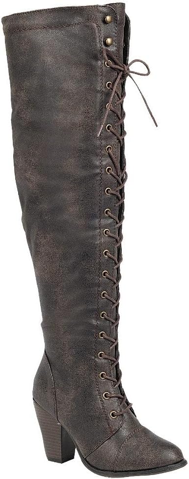 Forever Women's Chunky Heel Lace Up Over-The-Knee High Riding Boots,Brown,10
