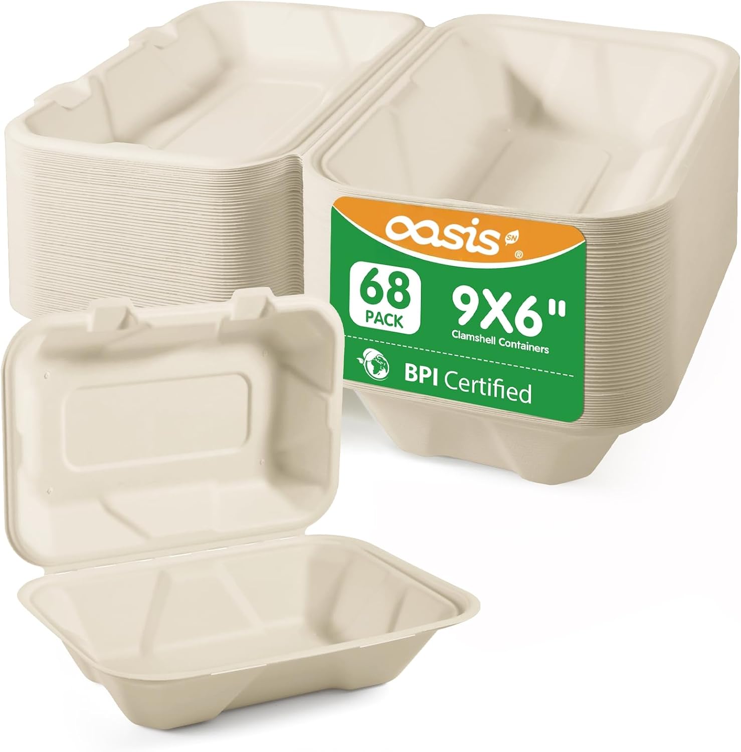 9x6x3 Inch 68 Pack Clamshell Take Out Food Containers, Compostable Disposable Paper To Go Boxes with Lids, Heavy Duty Sugarcane Bagasse Lunch Boxes for Leftovers, Meal Prep & Takeout, White