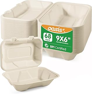 𝟵𝘅𝟲", 𝟲𝟴-𝗣𝗮𝗰𝗸 Clamshell Take Out Food Containers, Compostable Heavy-Duty Disposable Paper Lunch Boxes，Eco-Friendly Biodegradable To Go Containers For Food(Natural)