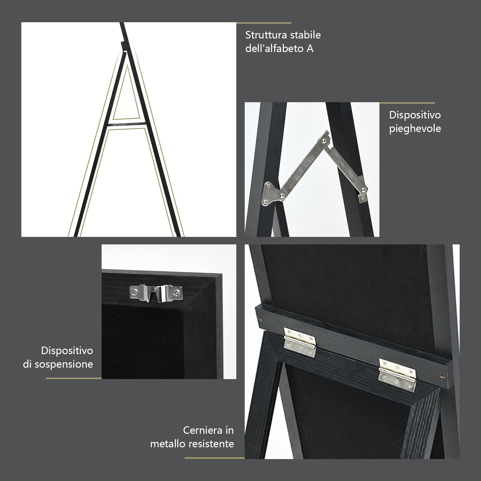 GYMAX Specchio da Terra, Specchio da Parete, Inclinazione Regolabile, con Cornice in Legno Rettangolare, per Camera da Letto, Specchiera Moderna, 37 x 50 x 148 cm (Nero)