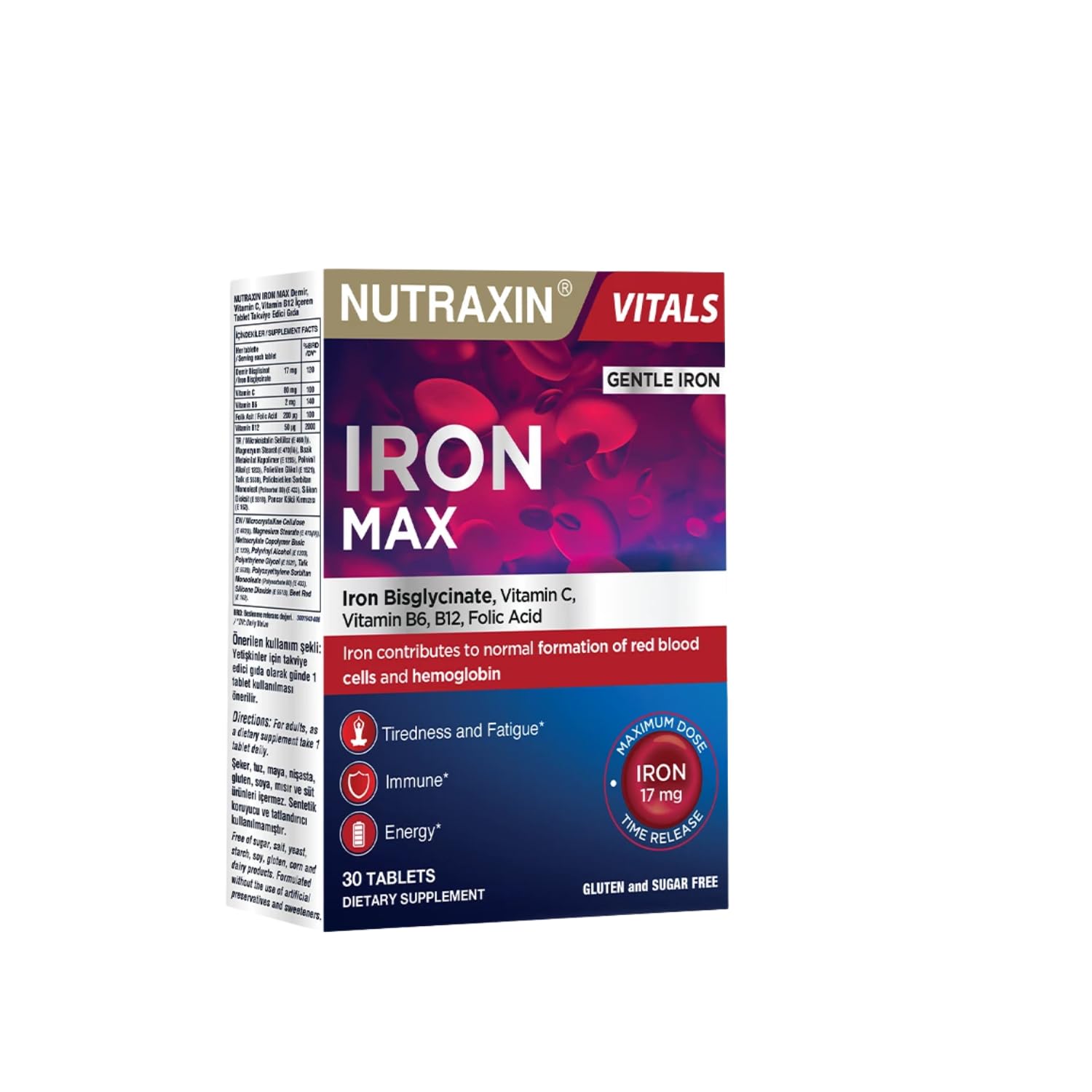 Nutraxin Iron Max 30 Tablet – Demir, C Vitamini, Folik Asit ve B12 Vitamini İçeren Takviye