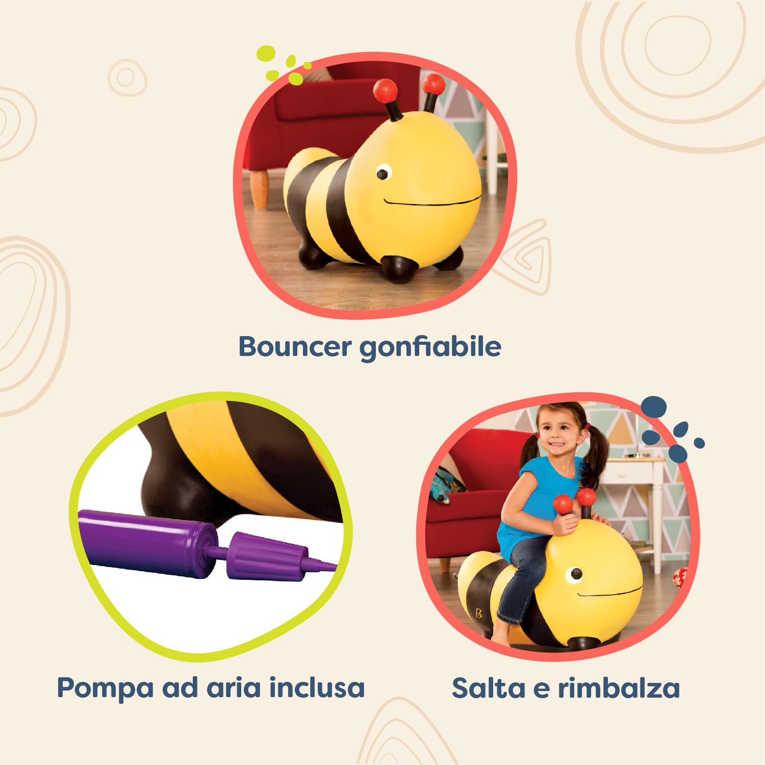 B. toys - Bouncy Boing! - Bizzi - Sdraietta ape cavalcabile - Giocattolo gonfiabile per animali - Salterello gonfiabile per bambini, ragazzi e bambini - Saltare e rimbalzare - Pompa dell'aria inclusa