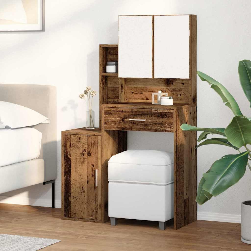 Schminktisch Altholz 80 x 35 x 132 cm Holzwerkstoff mit großem Spiegel, viel Stauraum, Stangengriffe, modernes Design für Schlafzimmer, Ankleide, Studio und Salon, langlebig und pflegeleicht