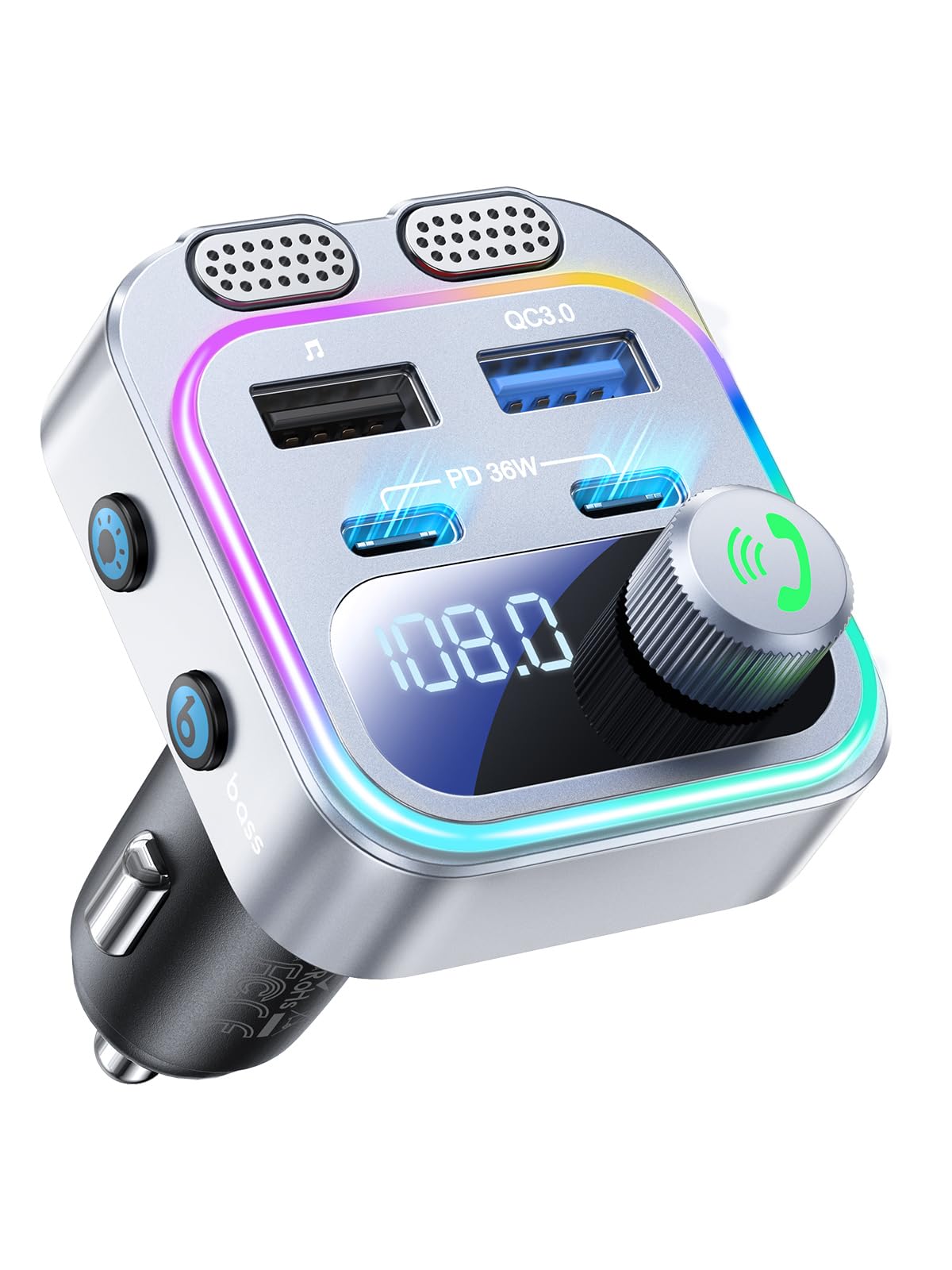 60W Bluetooth 5.4 FM Transmitter Car Adapter [Reinforced Dual Mics & Deep Bass] [Dual PD 60W & QC3.0] Fast Charging Handsfree Calling Wireless Radio Bluetooth Transmitter for Car [Silver]